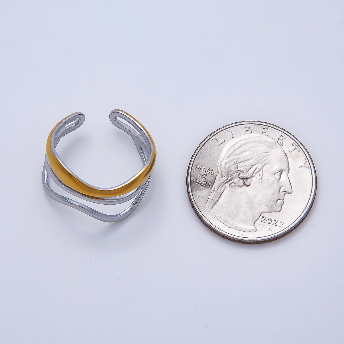 Stainless Steel Mixed Metal Curved Wave Triple Band Ring | Rings-00183 - DLUXCA