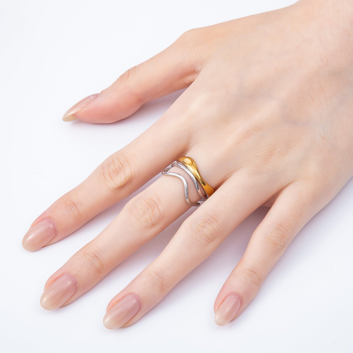 Stainless Steel Mixed Metal Curved Wave Triple Band Ring | Rings-00183 - DLUXCA
