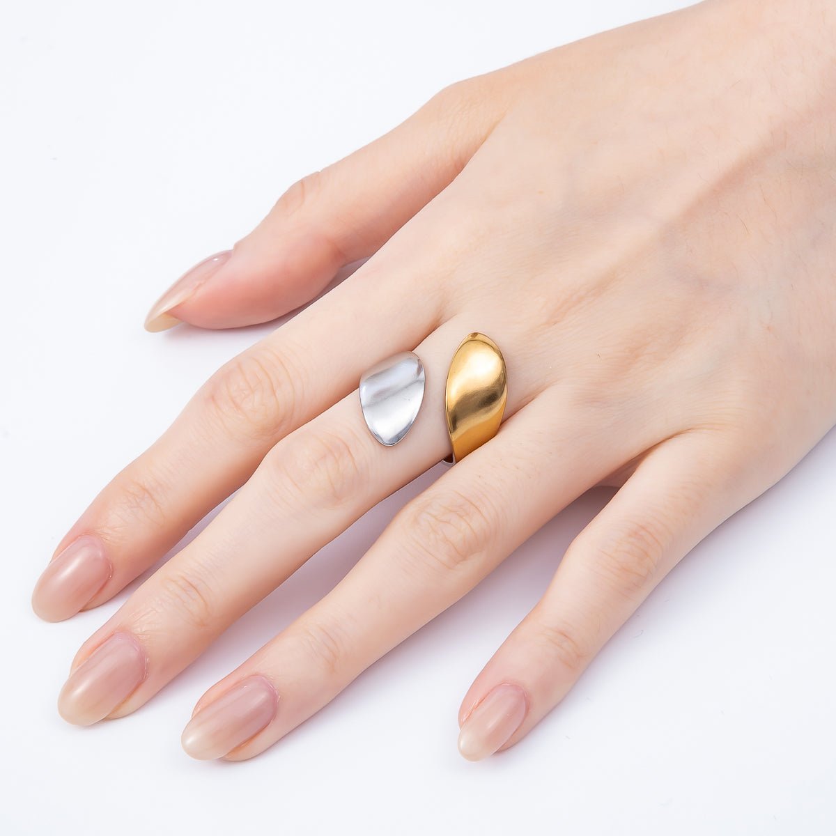 Stainless Steel Mixed Metal Minimalist Flat Wide Oval Band Wrap Ring | Rings-00189 - DLUXCA