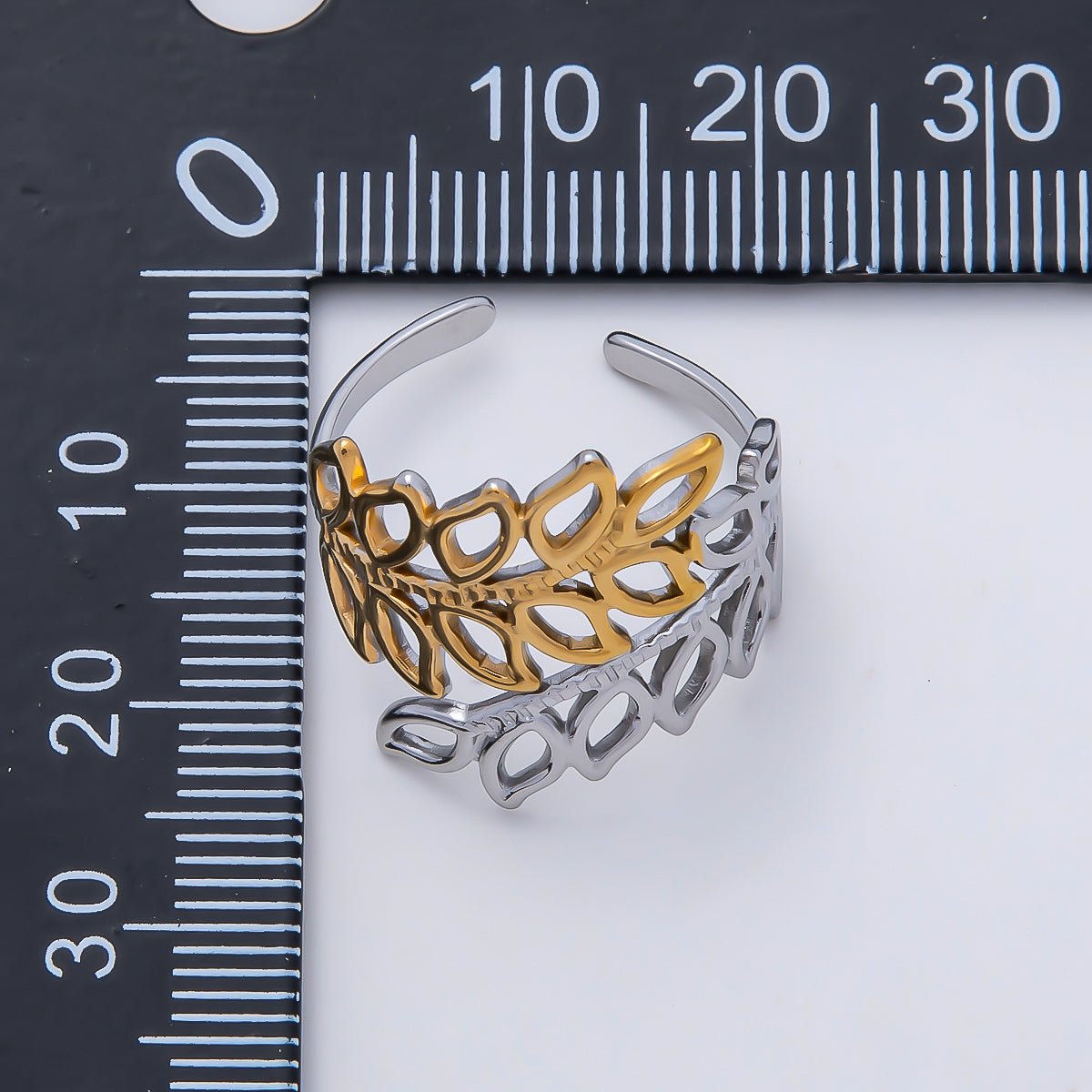 Stainless Steel Mixed Metal Natural Olive Leaf Open Wide Ring | Rings-00178 - DLUXCA