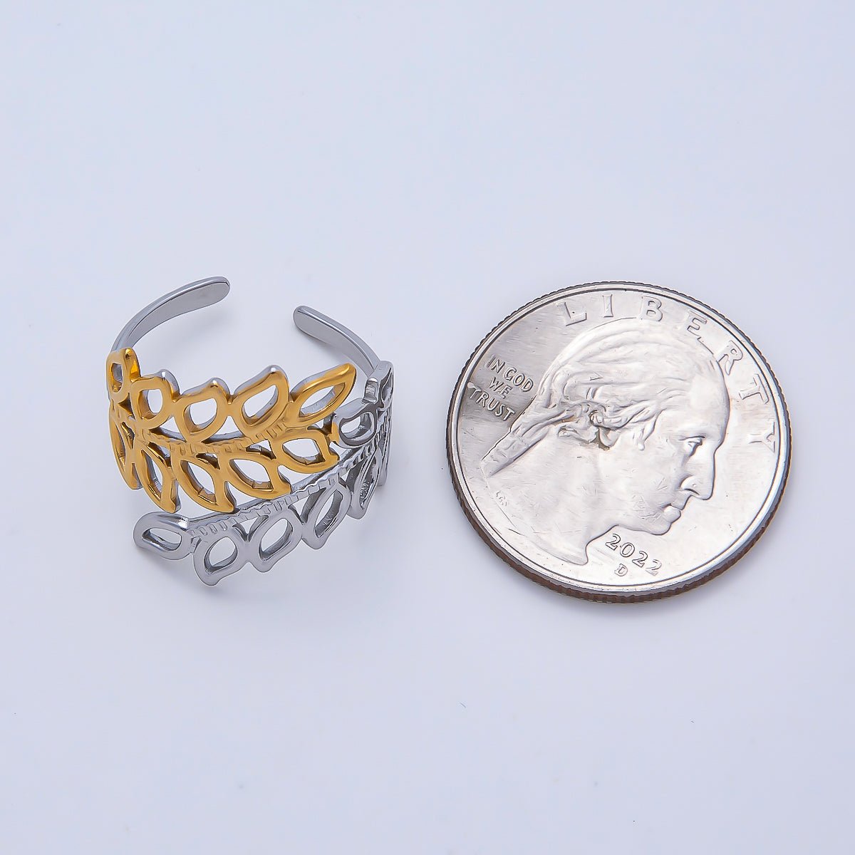 Stainless Steel Mixed Metal Natural Olive Leaf Open Wide Ring | Rings-00178 - DLUXCA