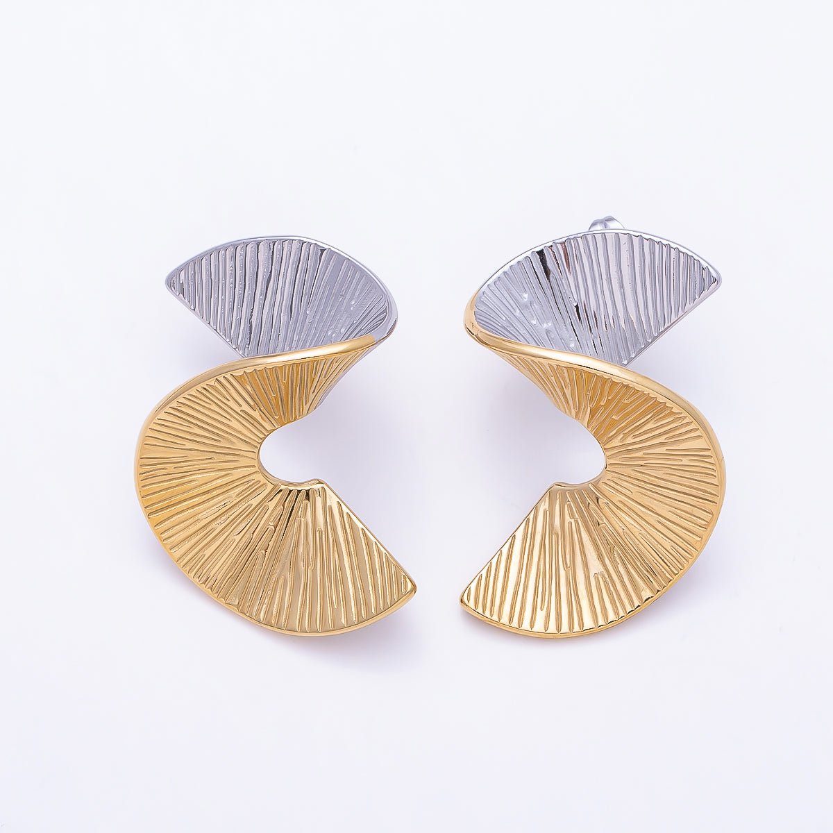 Stainless Steel Mixed Metal PVD 42mm Wide Band Twist Dotted Textured Geometric Stud | Earrings-00735 - DLUXCA