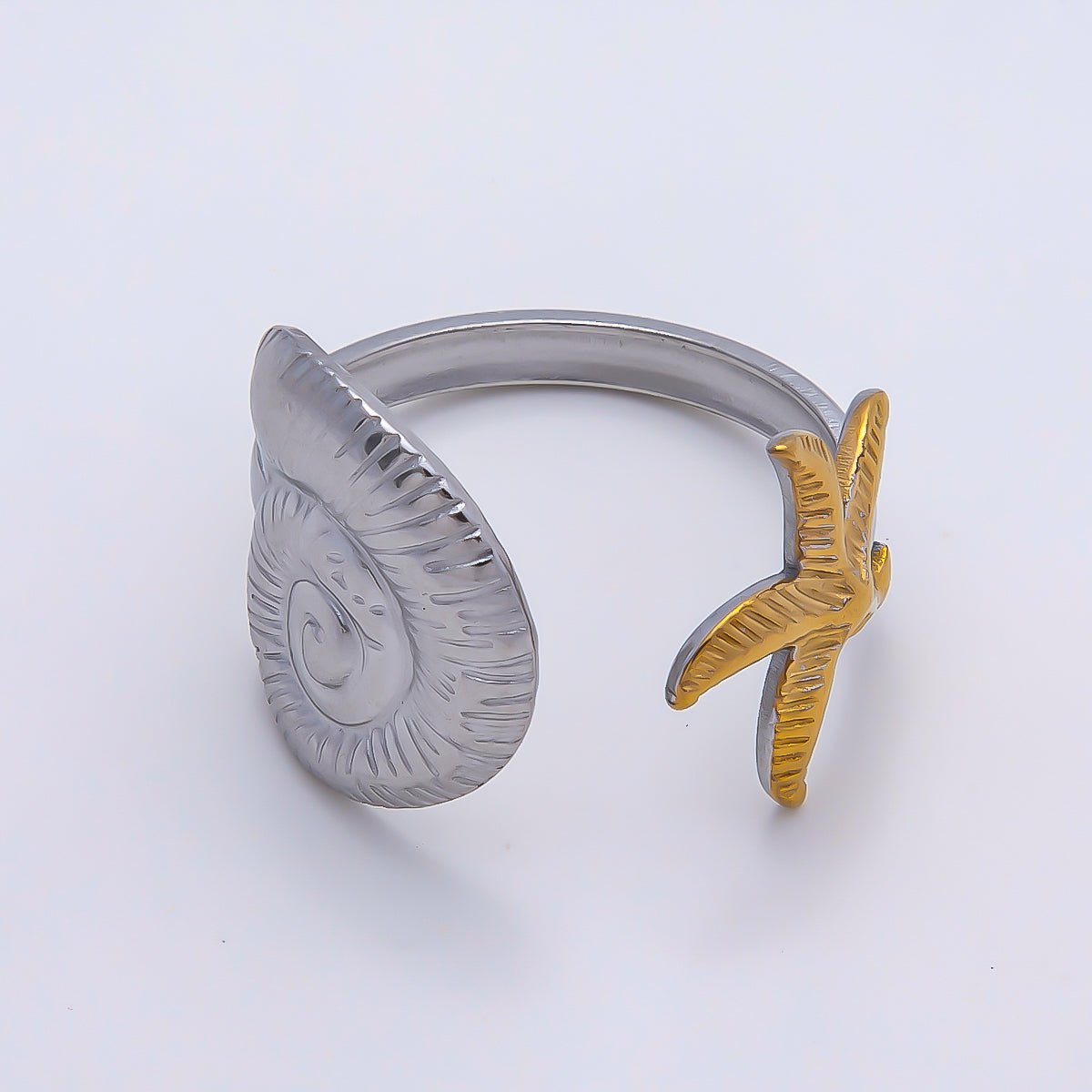 Stainless Steel Mixed Metal Starfish Scallop Sea Shell Wrap Ring | Rings-00182 - DLUXCA