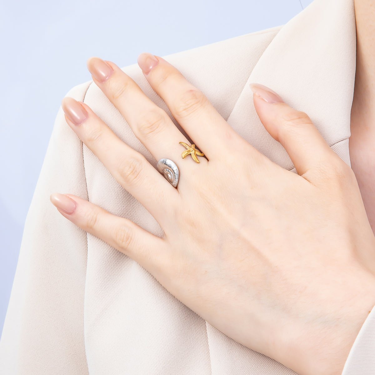Stainless Steel Mixed Metal Starfish Scallop Sea Shell Wrap Ring | Rings-00182 - DLUXCA
