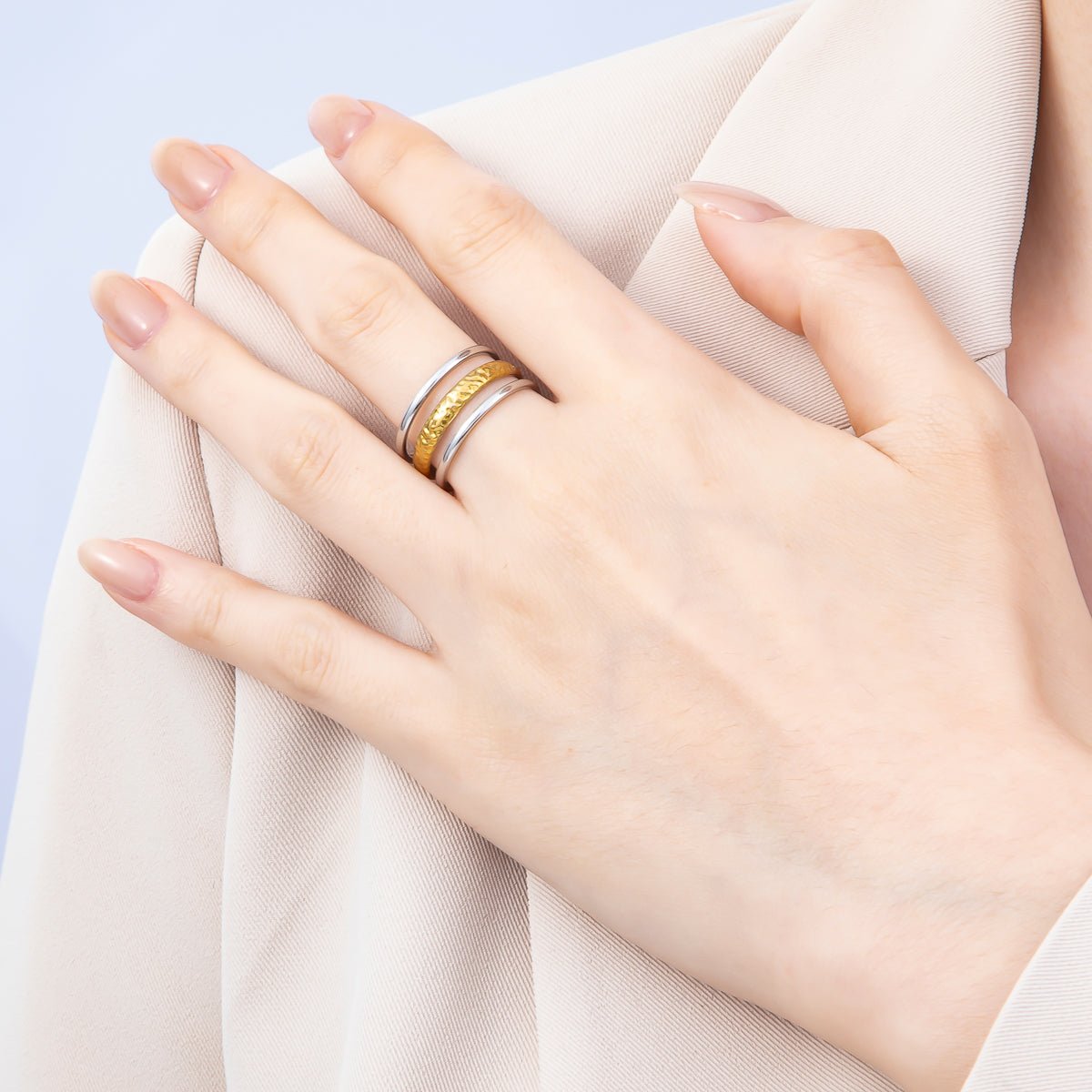 Stainless Steel Mixed Metal Wide Textured Triple Band Ring | Rings-00181 - DLUXCA