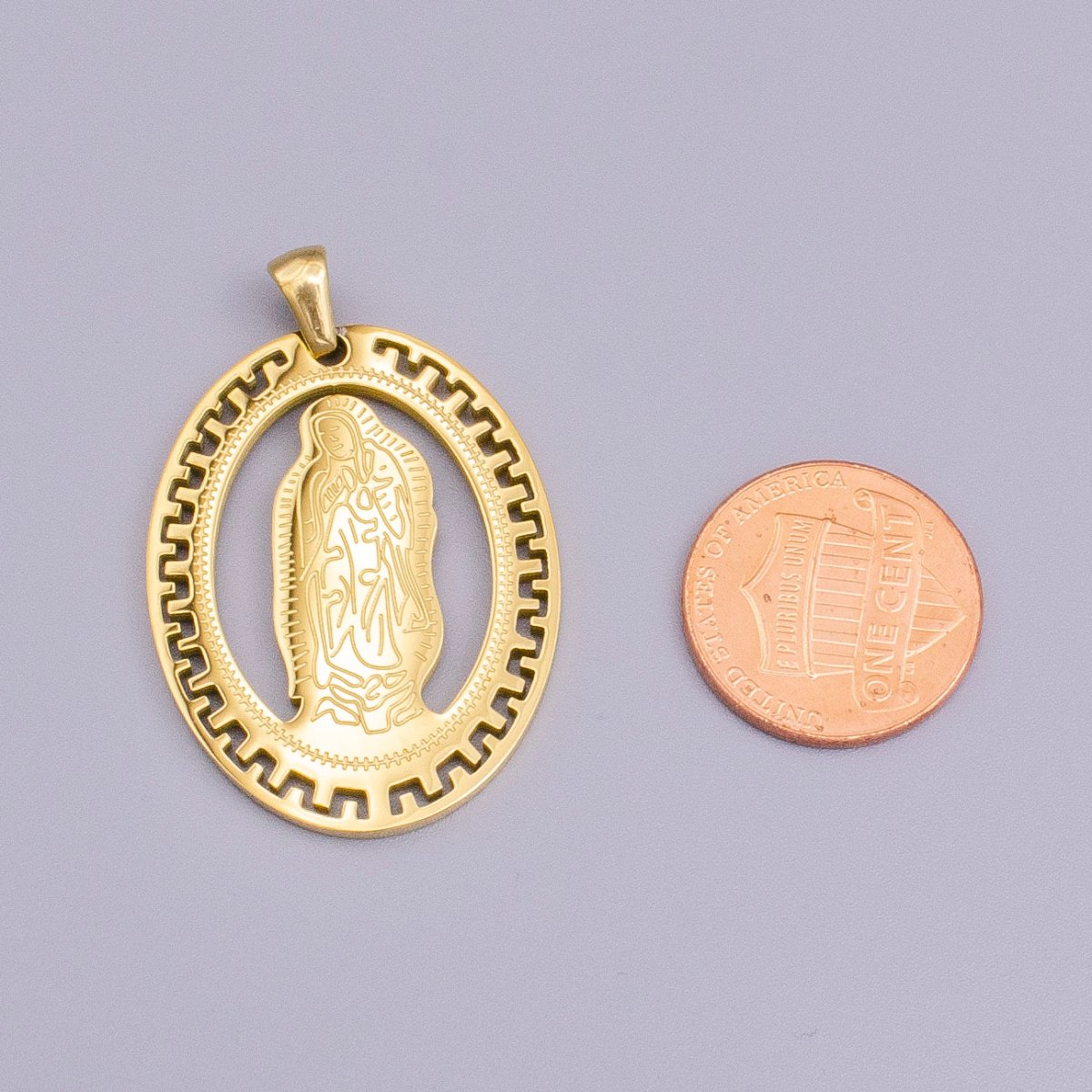 Stainless Steel Mother Mary Lady Guadalupe Engraved Open Gear Oval Pendant in Gold & Silver | P - 1126 - DLUXCA