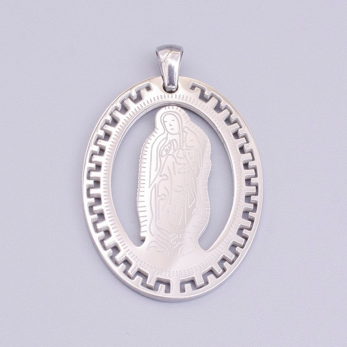 Stainless Steel Mother Mary Lady Guadalupe Engraved Open Gear Oval Pendant in Gold & Silver | P - 1126 - DLUXCA