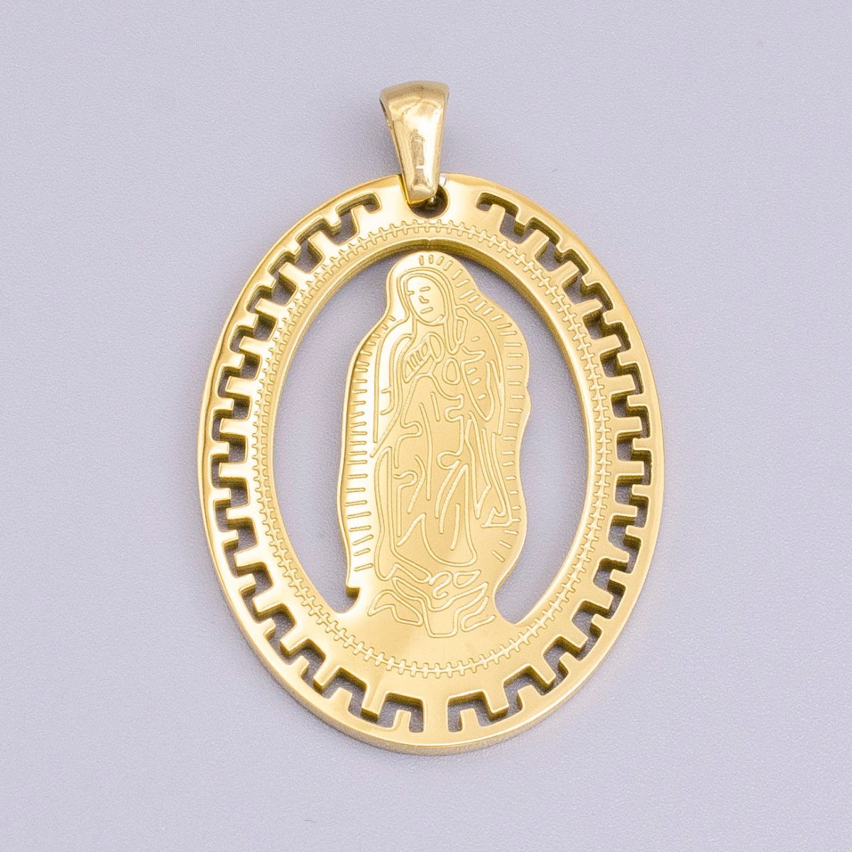 Stainless Steel Mother Mary Lady Guadalupe Engraved Open Gear Oval Pendant in Gold & Silver | P - 1126 - DLUXCA