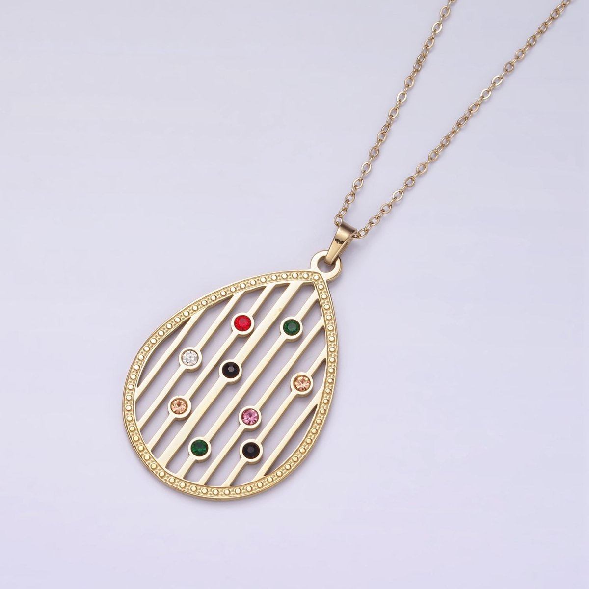 Stainless Steel Multicolor CZ Dotted Open Bar Teardrop Pendant Cable Chain 16.5 Inch Necklace | WA - 2550 - DLUXCA