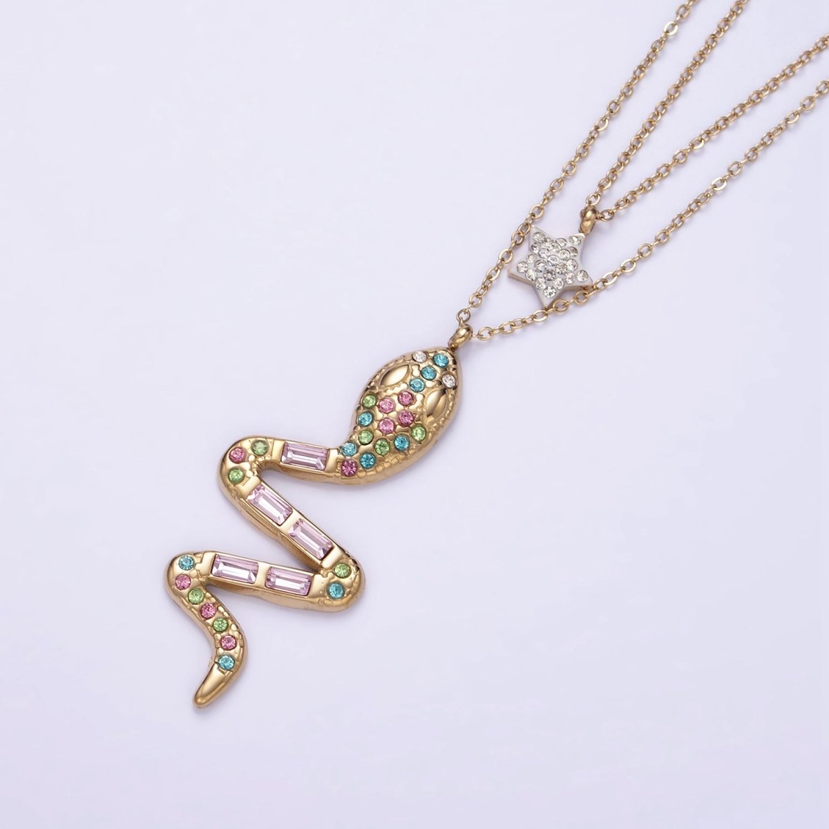 Stainless Steel Multicolor Snake Celestial Star Double Cable Chain Layering Necklace | WA - 2554 - DLUXCA