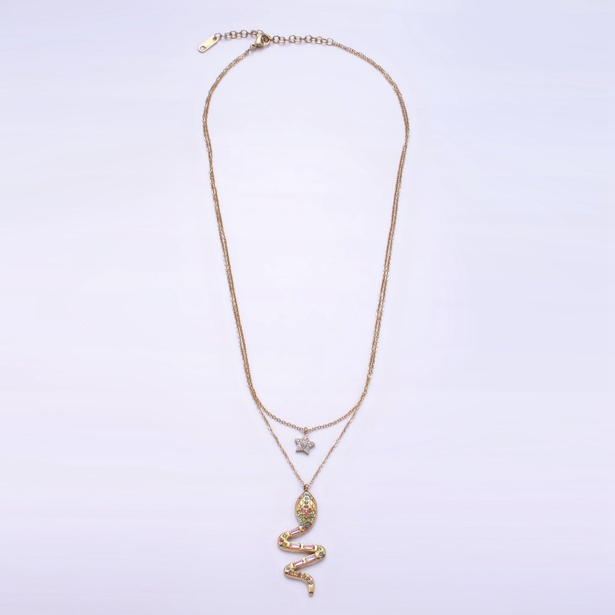 Stainless Steel Multicolor Snake Celestial Star Double Cable Chain Layering Necklace | WA - 2554 - DLUXCA