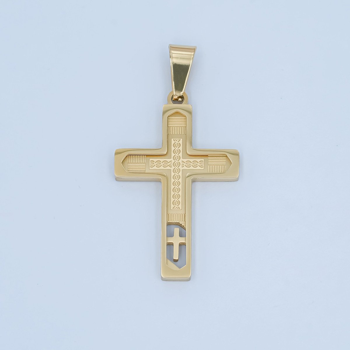 Stainless Steel Open Geometric Engraved Cross Pendant in Gold & Silver | P761 - DLUXCA