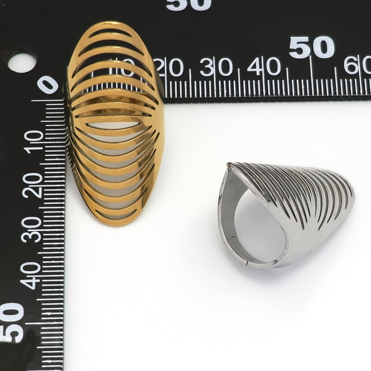 Stainless Steel Open Geometric Ribbed Ring in Gold & Silver | RINGS - 00206 RINGS - 00207 - DLUXCA