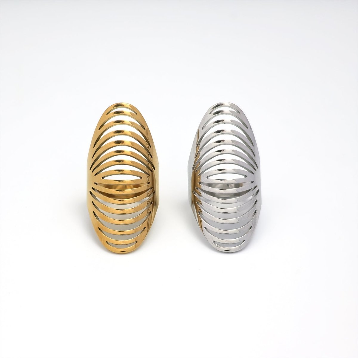 Stainless Steel Open Geometric Ribbed Ring in Gold & Silver | RINGS - 00206 RINGS - 00207 - DLUXCA