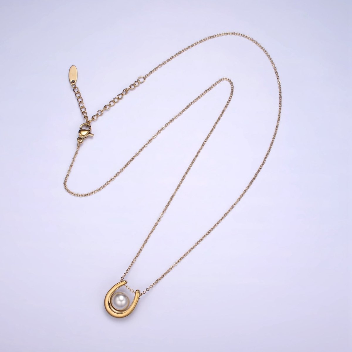 Stainless Steel Pearl Horseshoe Pendant Cable Chain 18 Inch Necklace w. 2 Inch Extender | WA - 2546 - DLUXCA