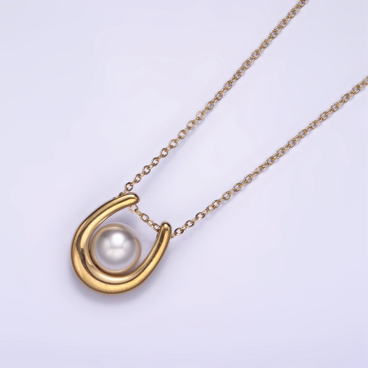 Stainless Steel Pearl Horseshoe Pendant Cable Chain 18 Inch Necklace w. 2 Inch Extender | WA - 2546 - DLUXCA