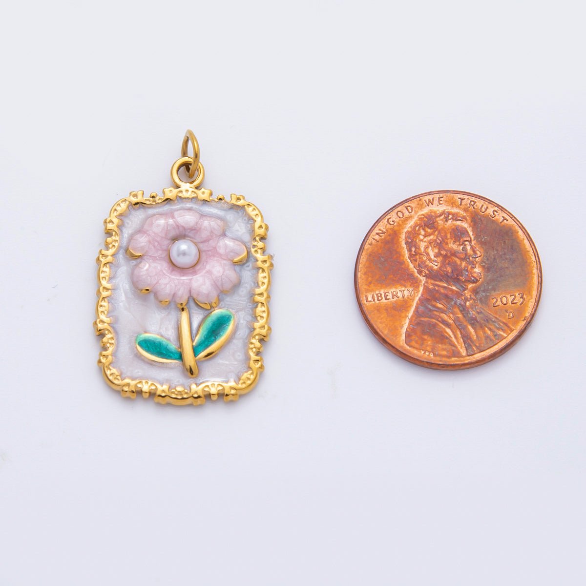 Stainless Steel Pink Daisy Flower Enamel Geometric Tag Rectangular Charm | C095 - DLUXCA