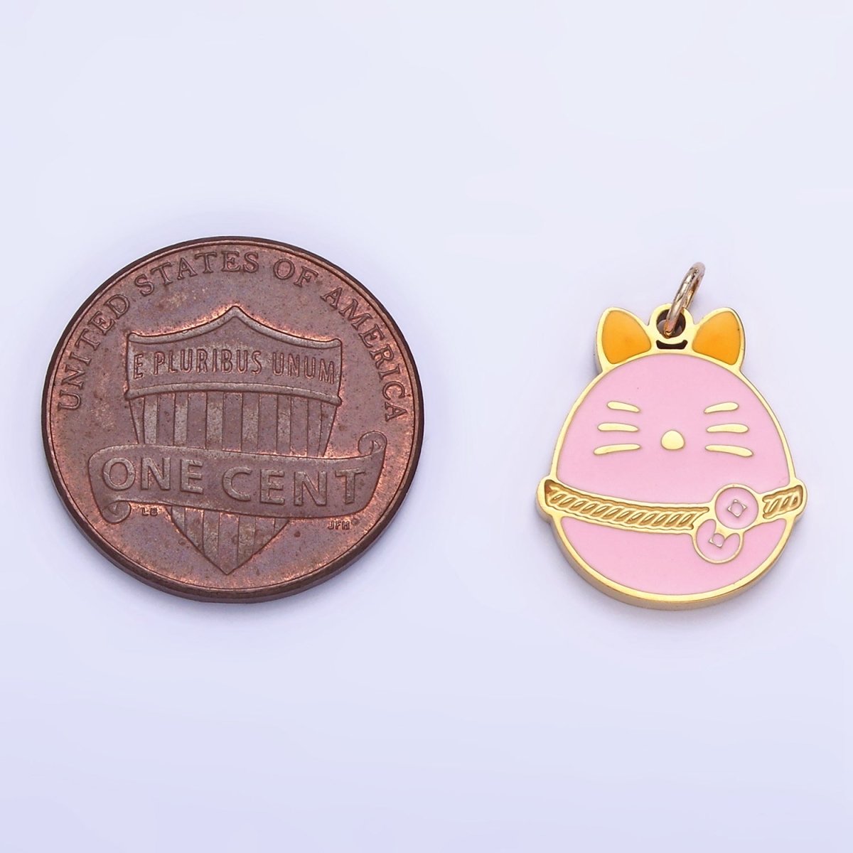 Stainless Steel Pink Fortune Coin Cat Enamel Charm | P1012 - DLUXCA