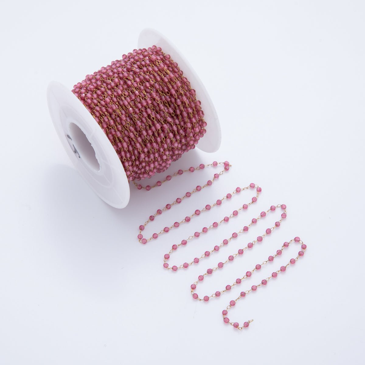 Stainless Steel Pink Multifaceted Round Gemstone Cable Unfinished Chain by Yard | Roll - 1613 - DLUXCA
