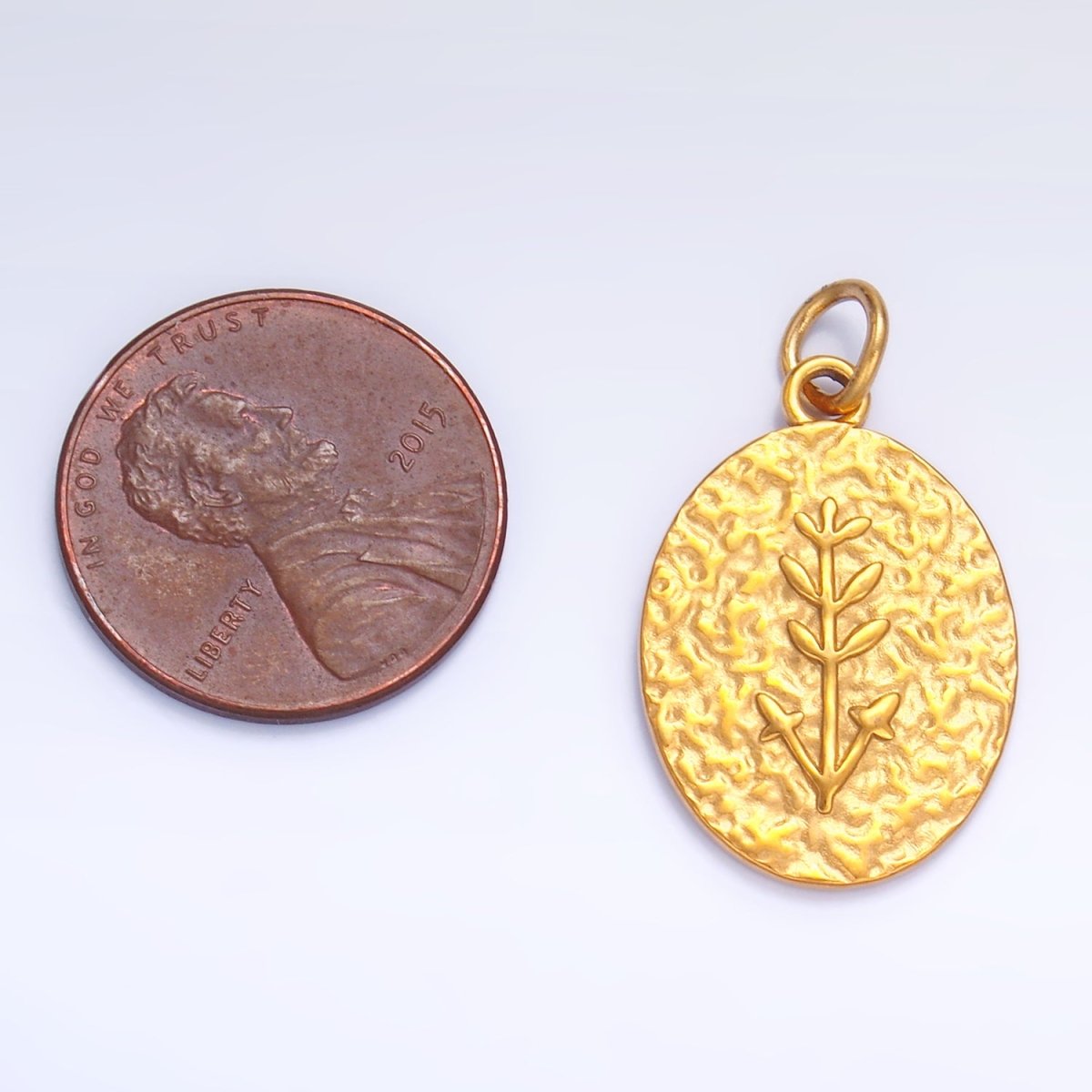 Stainless Steel Plant Tree Stamped Hammered Oval Charm | P627 - DLUXCA