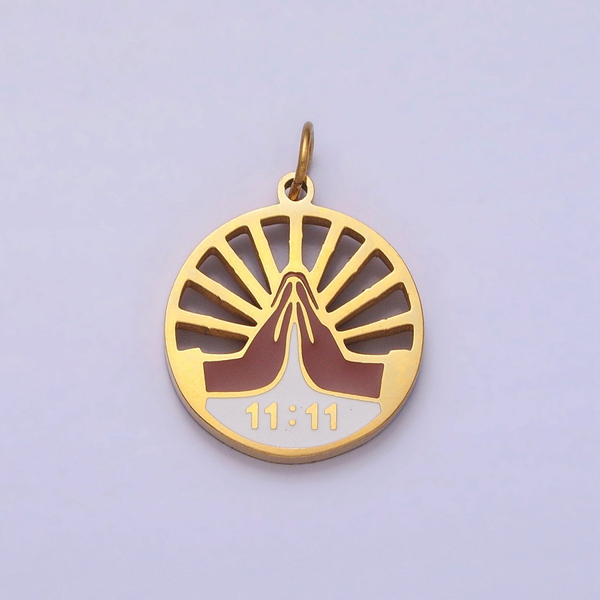 Stainless Steel Praying Hands Numerology 11:11 Sun Beam Round Charm in Silver & Gold | P - 920 - DLUXCA