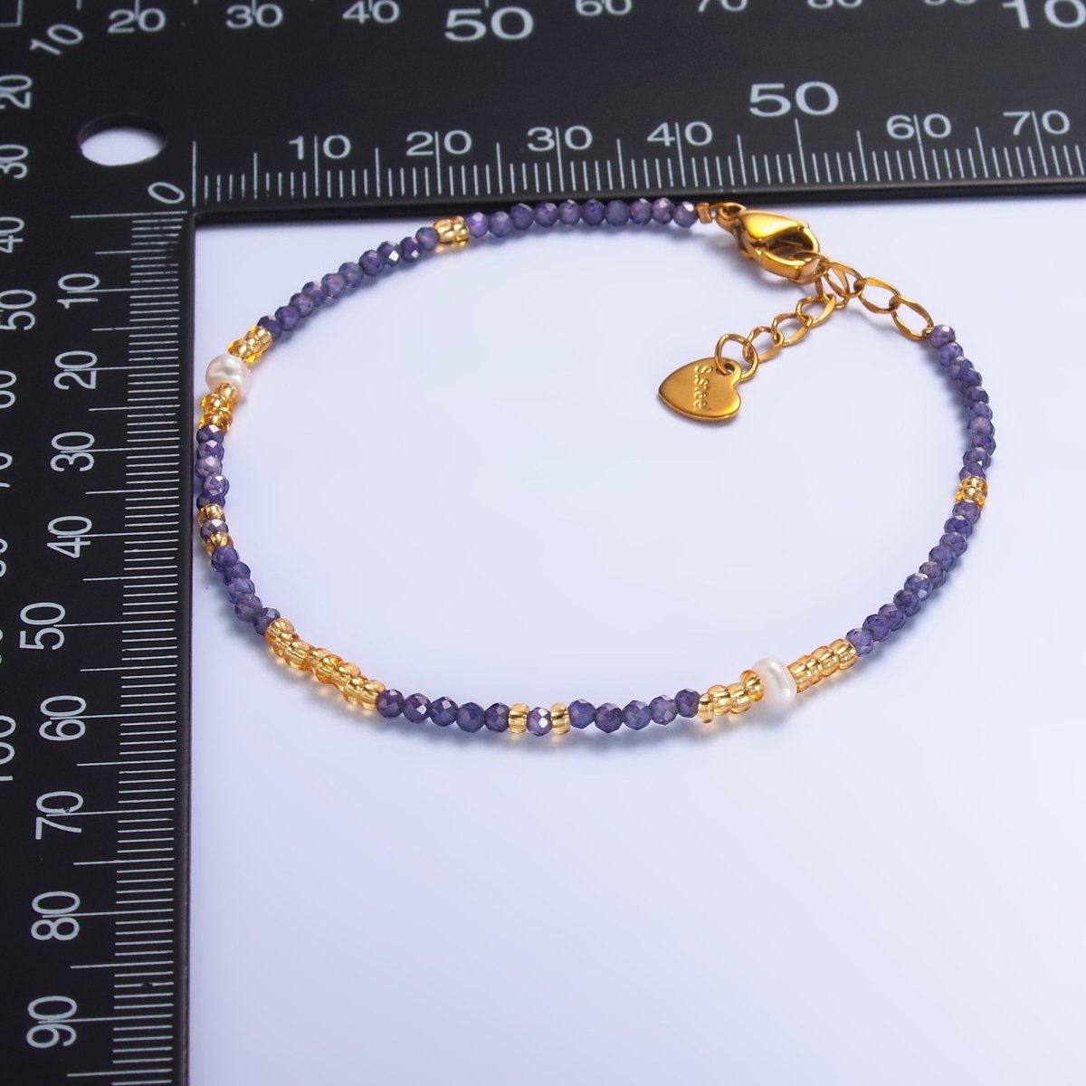 Stainless Steel Purple Amethyst Crystal Gemstone Bead 7 Inch Bracelet | WA - 3116 - DLUXCA