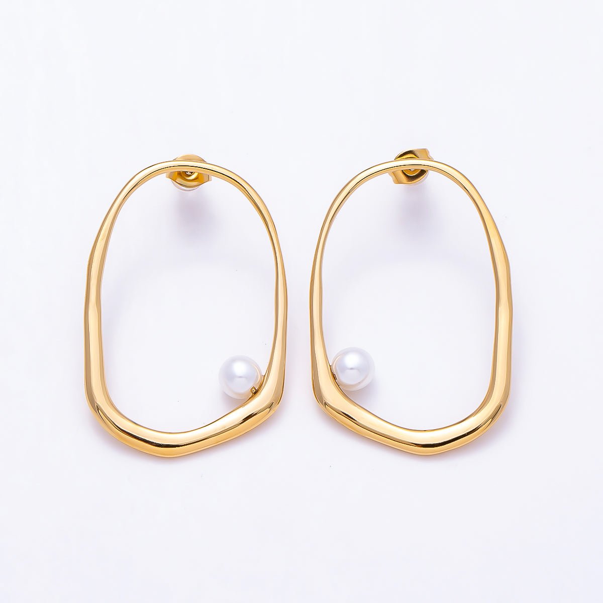 Stainless Steel PV 40mm Shell Pearl Edged Geometric Open Rectangle Stud | Earrings-00729 - DLUXCA