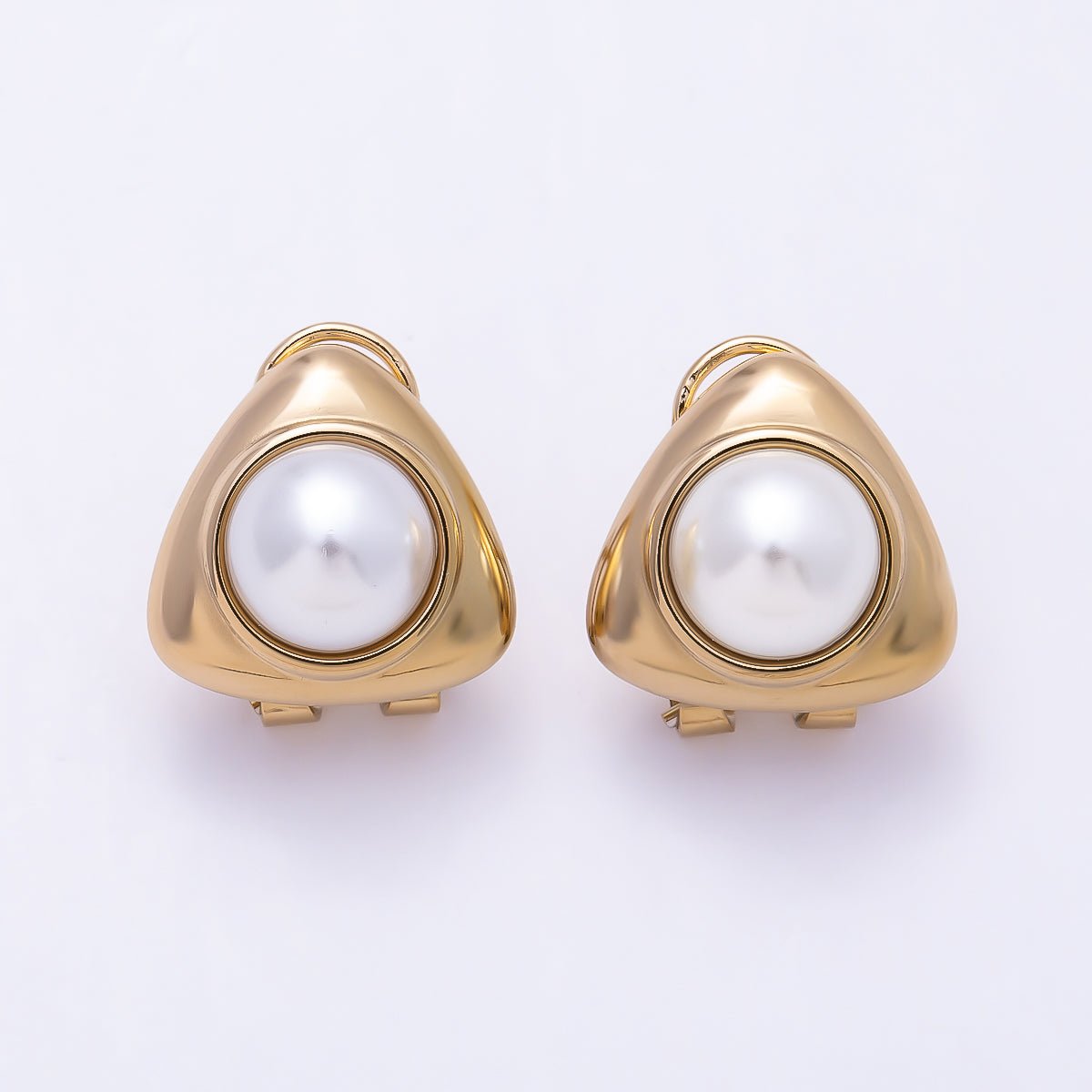 Stainless Steel PVD 20mm Shell Pearl Bezel Triangle Stud Earrings | Earrings-00746 - DLUXCA