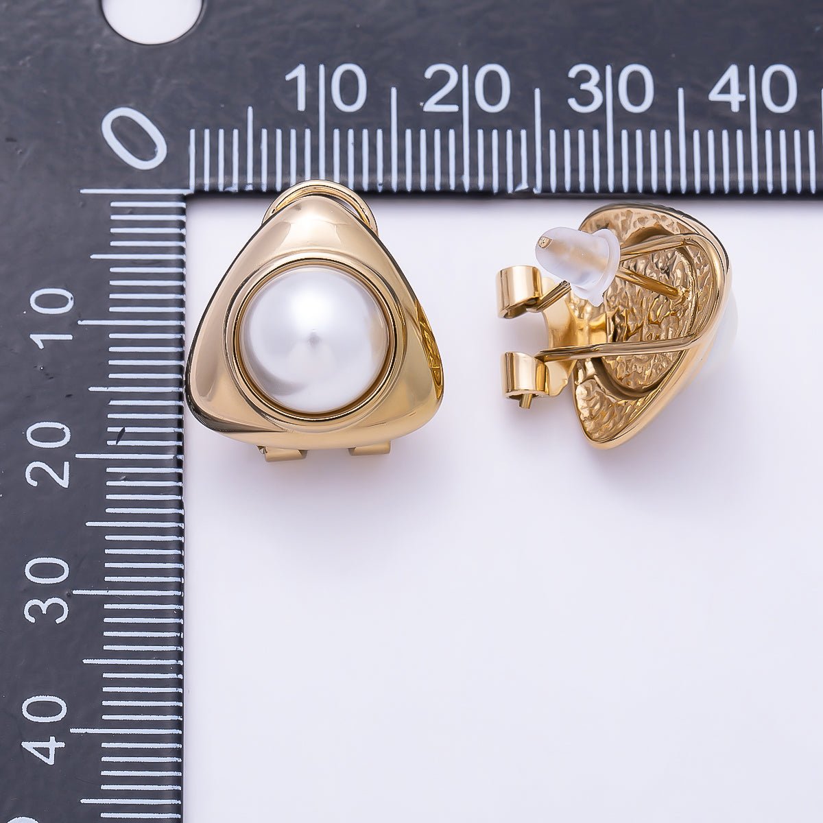 Stainless Steel PVD 20mm Shell Pearl Bezel Triangle Stud Earrings | Earrings-00746 - DLUXCA