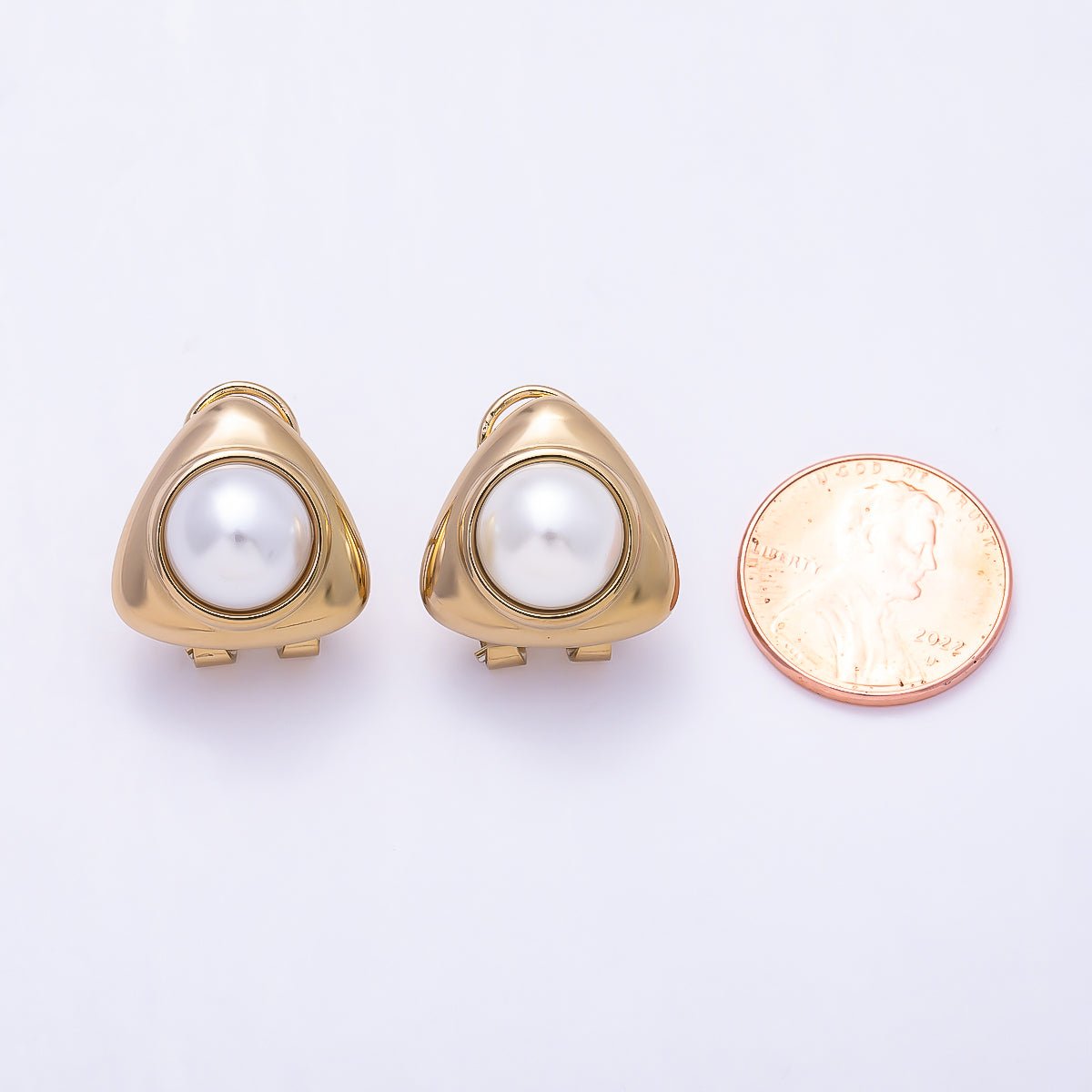 Stainless Steel PVD 20mm Shell Pearl Bezel Triangle Stud Earrings | Earrings-00746 - DLUXCA