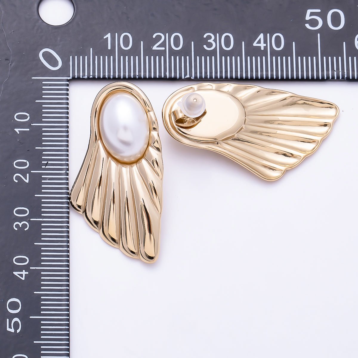 Stainless Steel PVD 25mm Shell Pearl Ribbed Geometric Stud Earrings | Earrings-00751 - DLUXCA