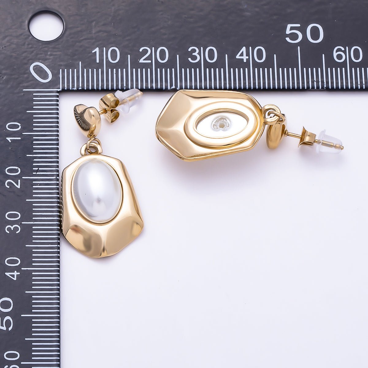 Stainless Steel PVD 34mm Shell Pearl Cabochon Geometric Heart Drop Stud | Earrings-00745 - DLUXCA