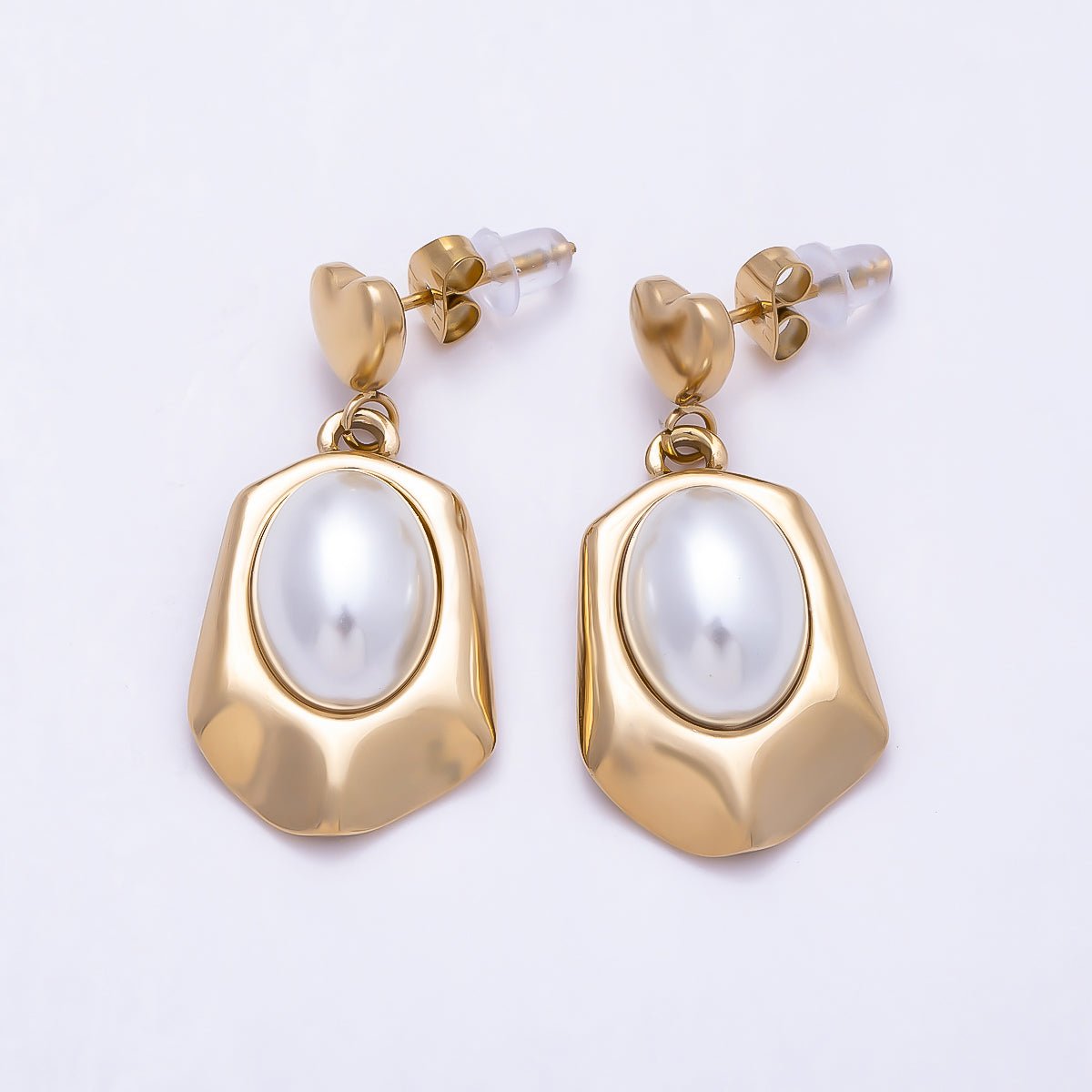 Stainless Steel PVD 34mm Shell Pearl Cabochon Geometric Heart Drop Stud | Earrings-00745 - DLUXCA