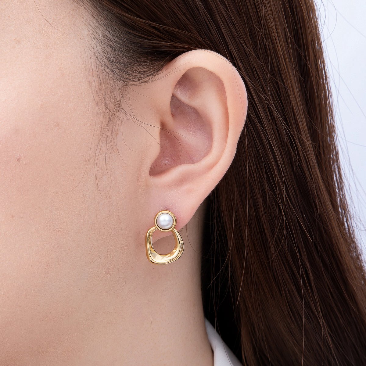 Stainless Steel PVD Gold 35mm Shell Pearl Bezel Geometric Link Drop Stud | Earrings-00752 - DLUXCA