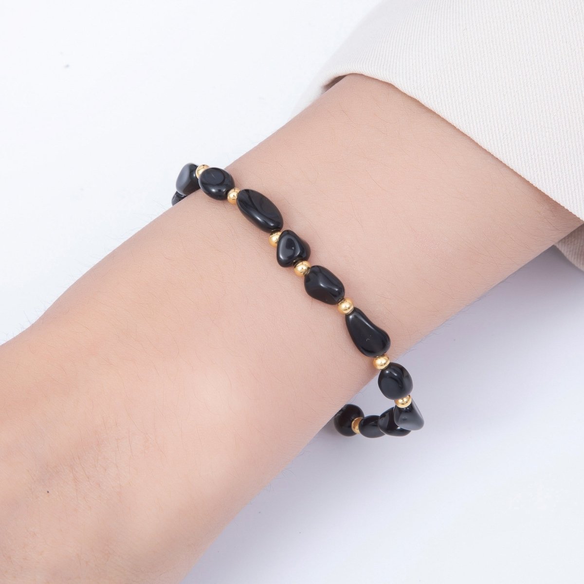 Stainless Steel PVD Gold Gemstone Pebble Bead 7.5 Inch Stretch Bracelet | WA-00120 ~ WA-00160 - DLUXCA