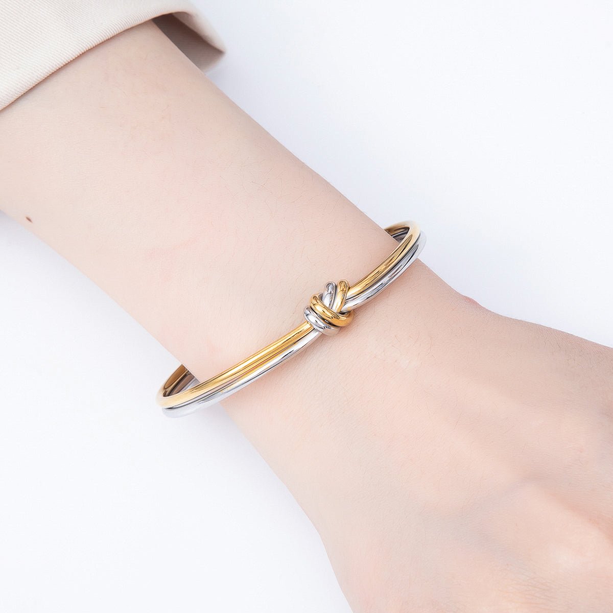 Stainless Steel PVD Knot Geometric Minimalist Mixed Metal Cuff Bracelet | WA-01329 - DLUXCA