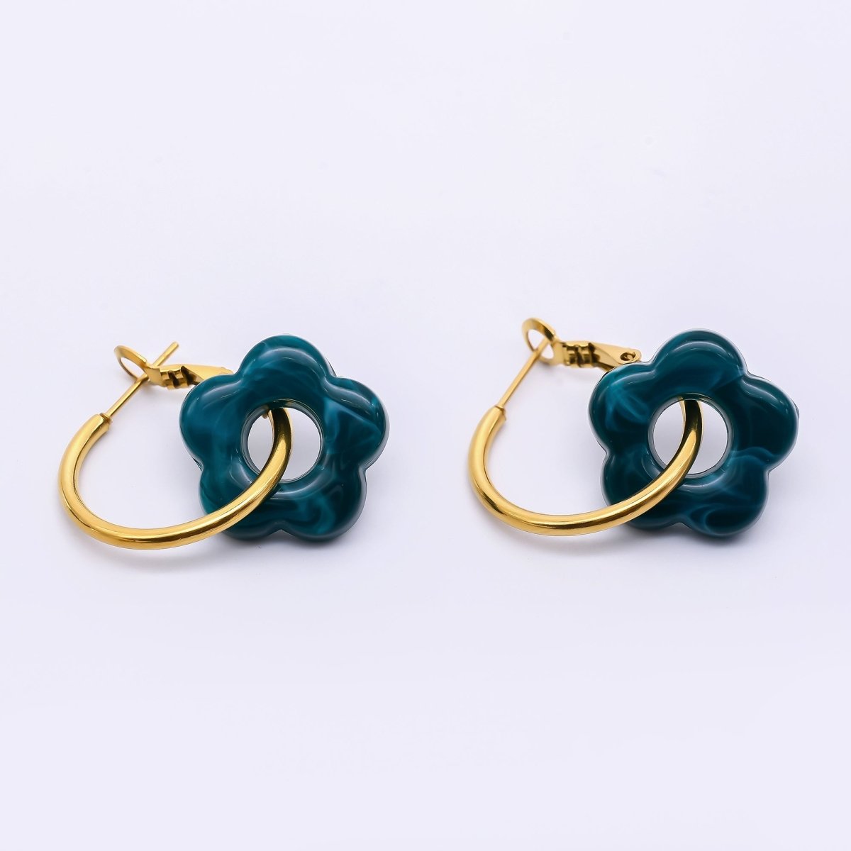 Stainless Steel Red, Black, Blue, Green Resin Flower Hinge Hoop Earrings | AI535 - AI538 - DLUXCA