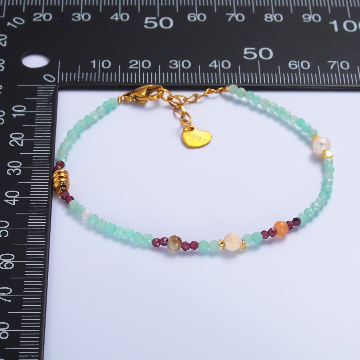 Stainless Steel Red Blue Multifaceted Crystal Gemstone 7 Inch Bracelet | WA - 3133 - DLUXCA