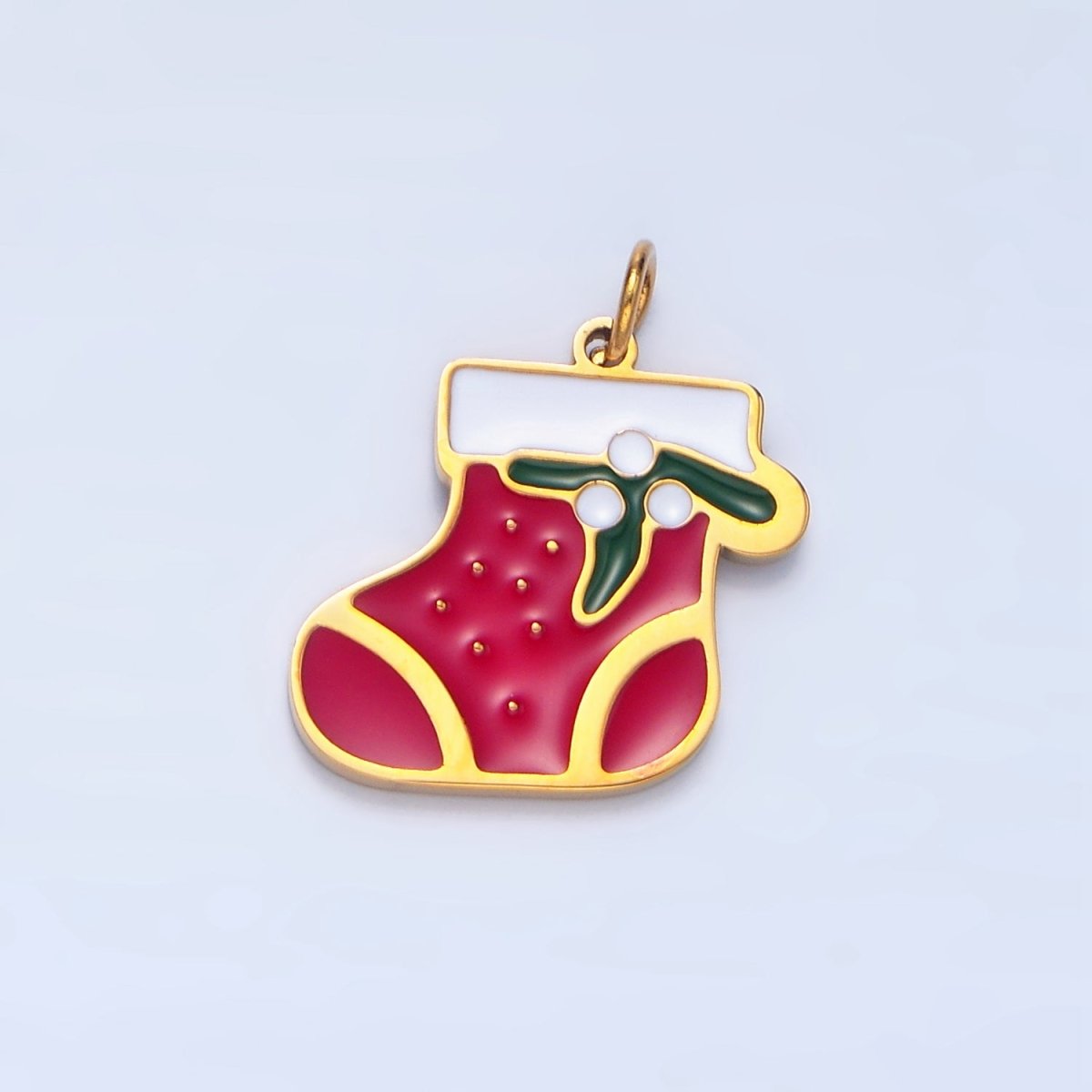 Stainless Steel Red Enamel Mistletoe Stocking Socks Christmas Holiday Charm | P1491 - DLUXCA