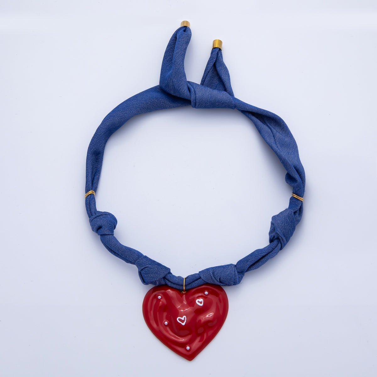 Stainless Steel Red Molten Heart Shell Pearl Blue Denim Scarf Handmade Necklace | WA - 3982 - DLUXCA