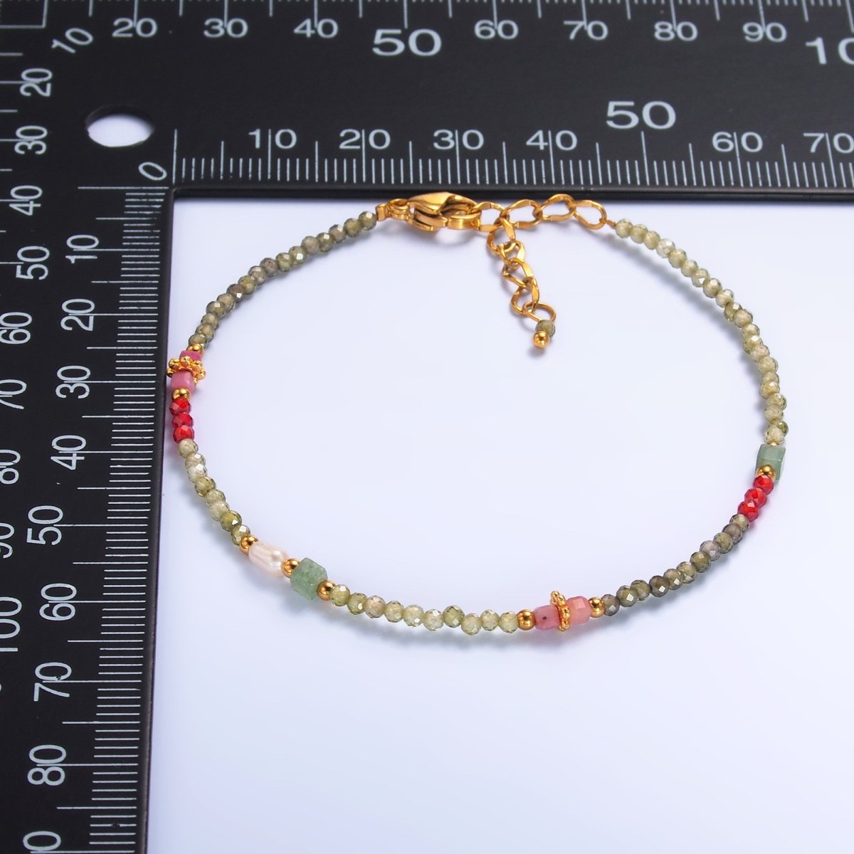 Stainless Steel Red - Pink Green Multifaceted Crystal Gemstone 7 Inch Bracelet | WA - 3134 - DLUXCA