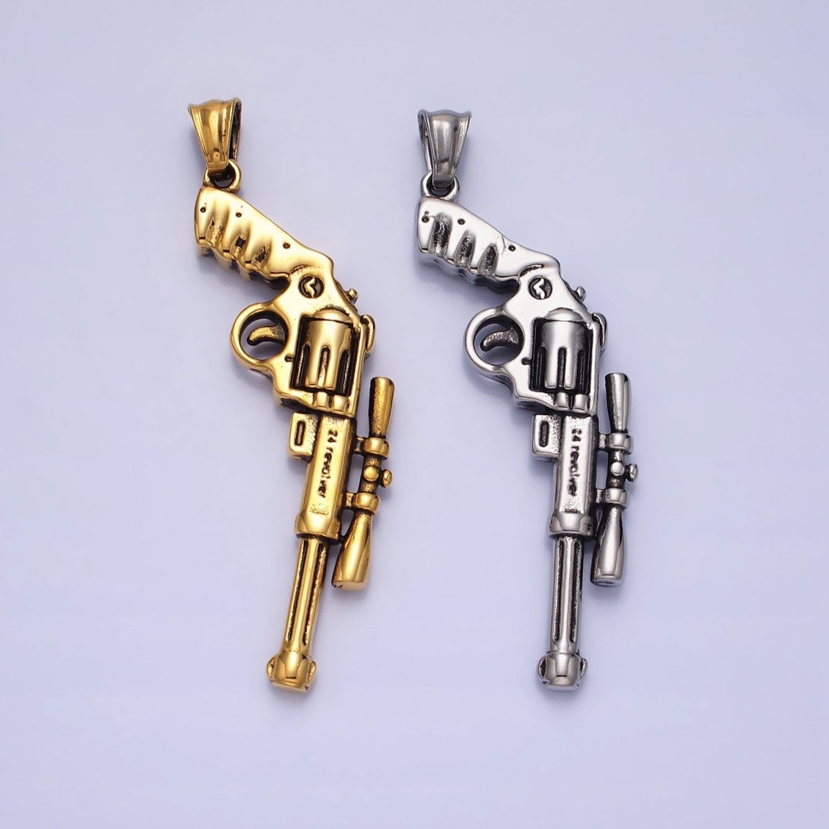 Stainless Steel Revolver Rifle Gun Weapon Pendant in Gold & Silver P - 1147 - DLUXCA