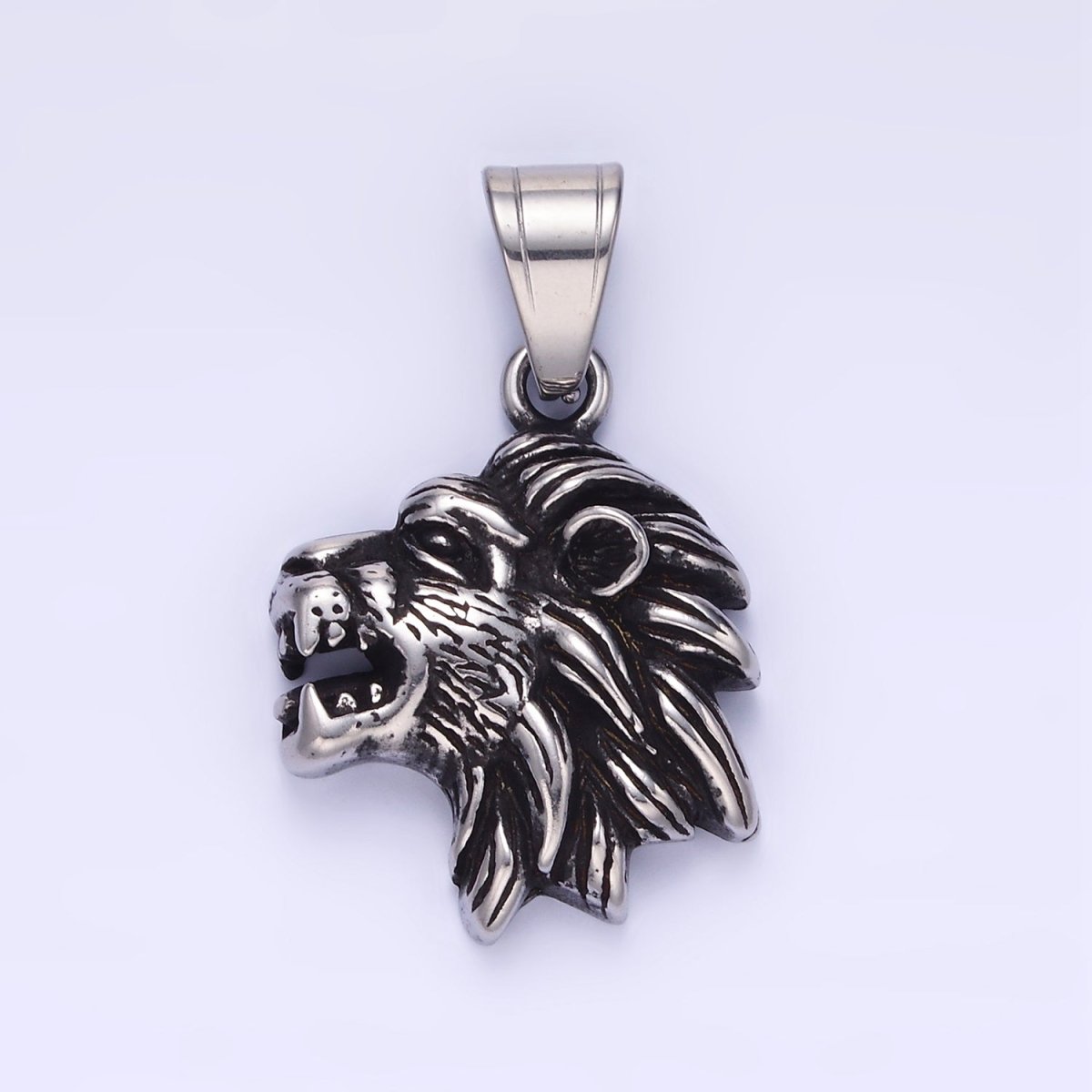 Stainless Steel Roaring Lion Head Safari Animal Oxidized Silver Pendant | P1453 - DLUXCA