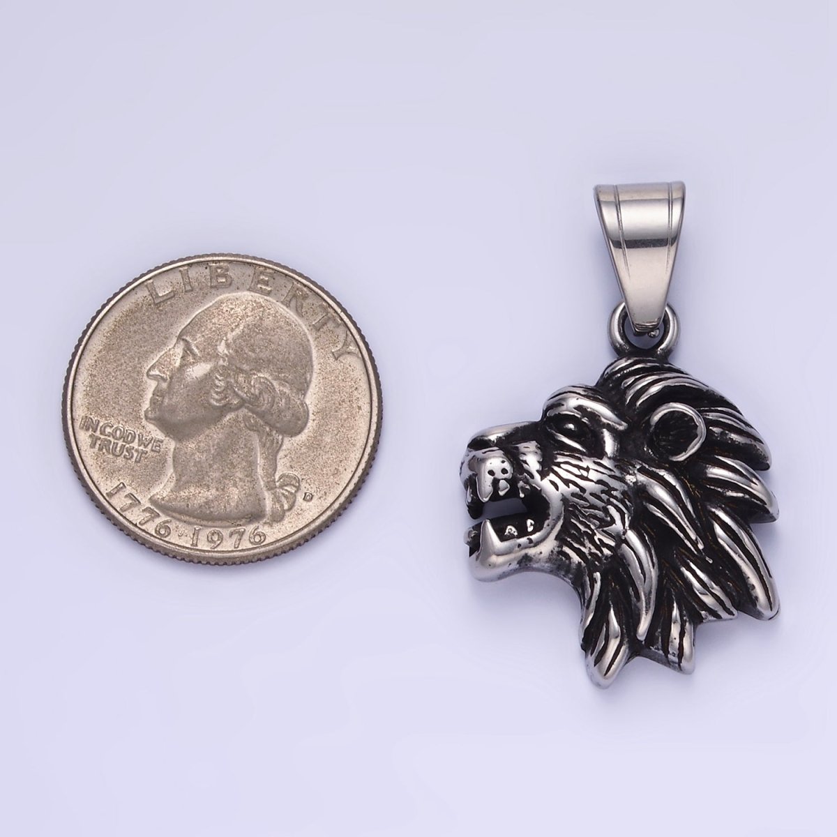 Stainless Steel Roaring Lion Head Safari Animal Oxidized Silver Pendant | P1453 - DLUXCA