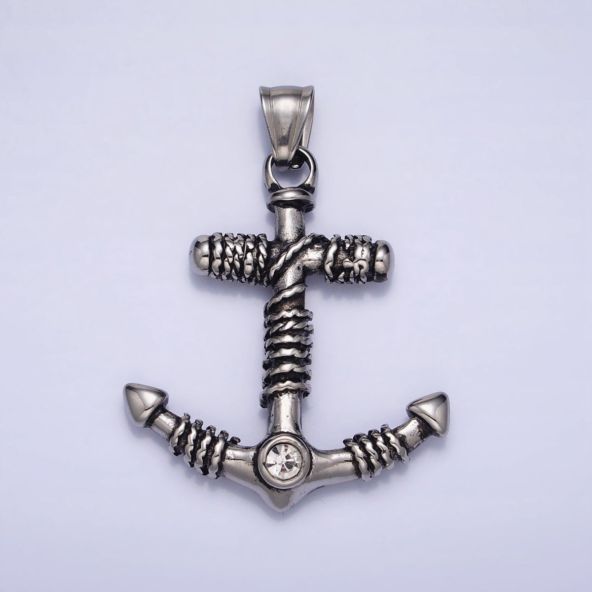 Stainless Steel Rope Tied Clear Round CZ Nautical Anchor Ship Pendant in Gold & Silver | P - 1105 - DLUXCA