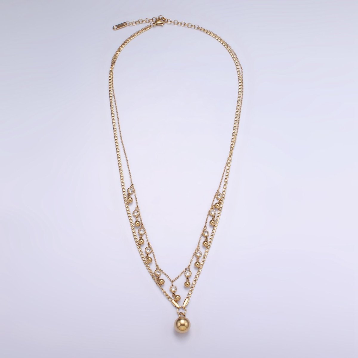 Stainless Steel Round Beaded CZ Drop Curb Cable Chain Double Layering Necklace | WA - 2542 - DLUXCA