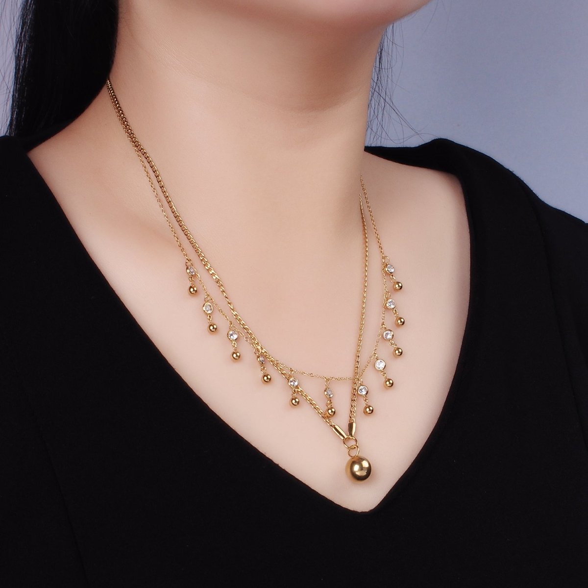 Stainless Steel Round Beaded CZ Drop Curb Cable Chain Double Layering Necklace | WA - 2542 - DLUXCA