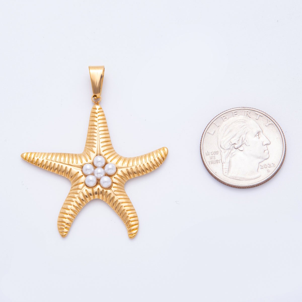 Stainless Steel Shell Pearl Lined Ribbed Starfish Pendant | J541 - DLUXCA