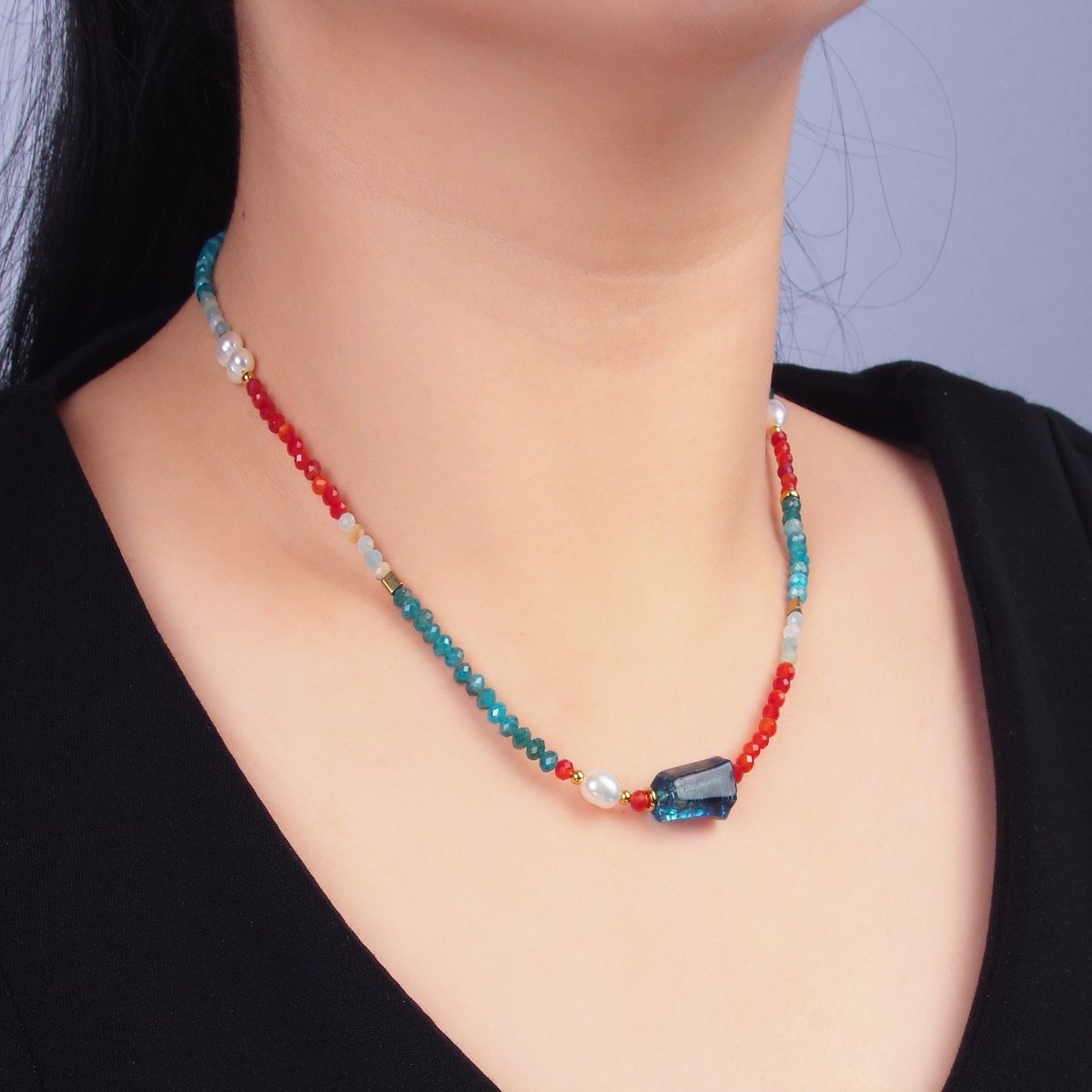Stainless Steel Shell Pearl Red Blue Natural Gemstone 16.5 Inch Choker Necklace | WA - 3103 - DLUXCA