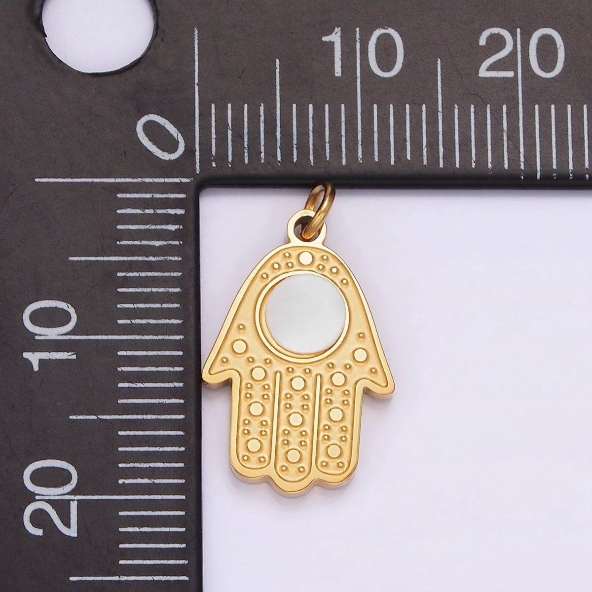 Stainless Steel Shell Pearl Round Hamsa Hand God Evil Eye Dotted Charm | P - 665 - DLUXCA